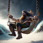 Muscular Viking swings on rope above stormy sea with dramatic sky