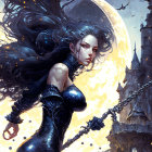 Fantasy artwork of woman with black hair chained to castle