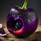 Surreal image: Large purple tomato merging with pomegranate on sandy ground