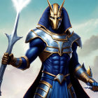 Majestic knight in blue and gold armor with sword and spear against mountainous backdrop