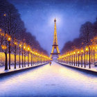 Snowy Path with Trees Leading to Eiffel Tower at Twilight