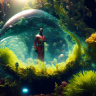 Colorful underwater scene: astronaut in bubble submarine explores vibrant coral reefs.