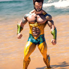 Muscular Superhero in Golden and Blue Costume on Beach at Sunset