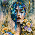 Blue-skinned woman surrounded by gold accents and mystical flowers