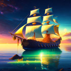 Sailing ship with full sails on tranquil sea at sunset