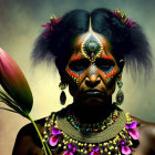 Woman with Tribal Face Paint and Jewelry Holding Flower