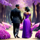 Formal Couple Walking Through Path of Purple Flowers