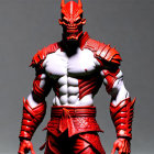 Fantasy character with red and white armor and dragon-like helmet