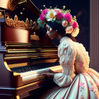 Vintage-dressed woman playing grand piano with floral headpiece