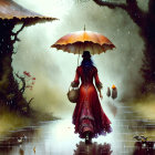 Whimsical painting of three characters with umbrellas in forest rain