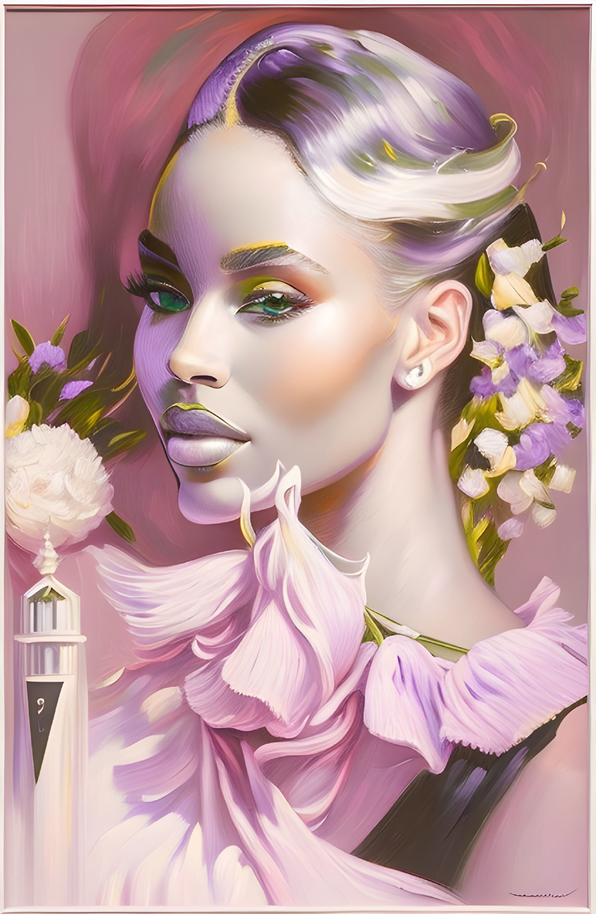 Violet and White Hair Woman Portrait with Flowers and Perfume