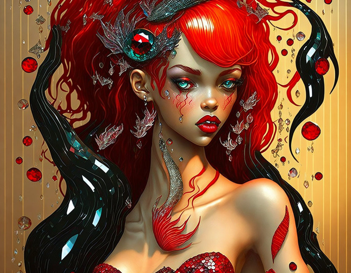 Red-haired animated woman with ornate headpiece and floating crystals in a fantastical setting