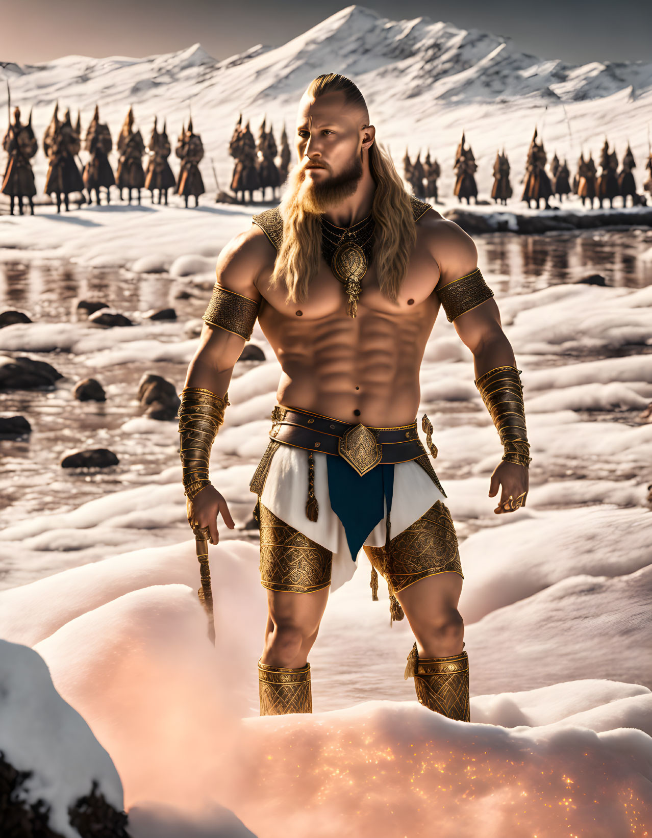 Muscular warrior in golden armor in snowy landscape with armies and dramatic sky