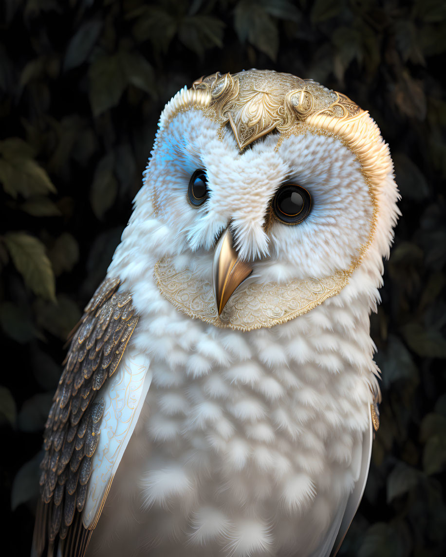 Intricate golden filigree owl on dark leafy background