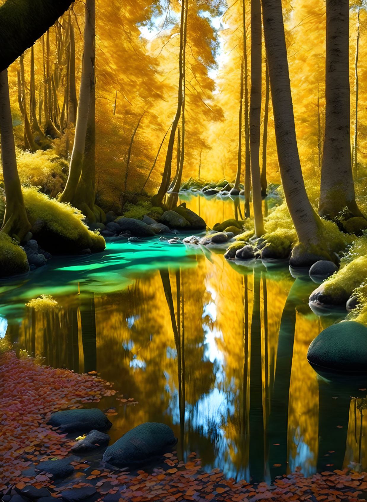 Tranquil forest landscape with golden foliage, mossy trees, turquoise stream.