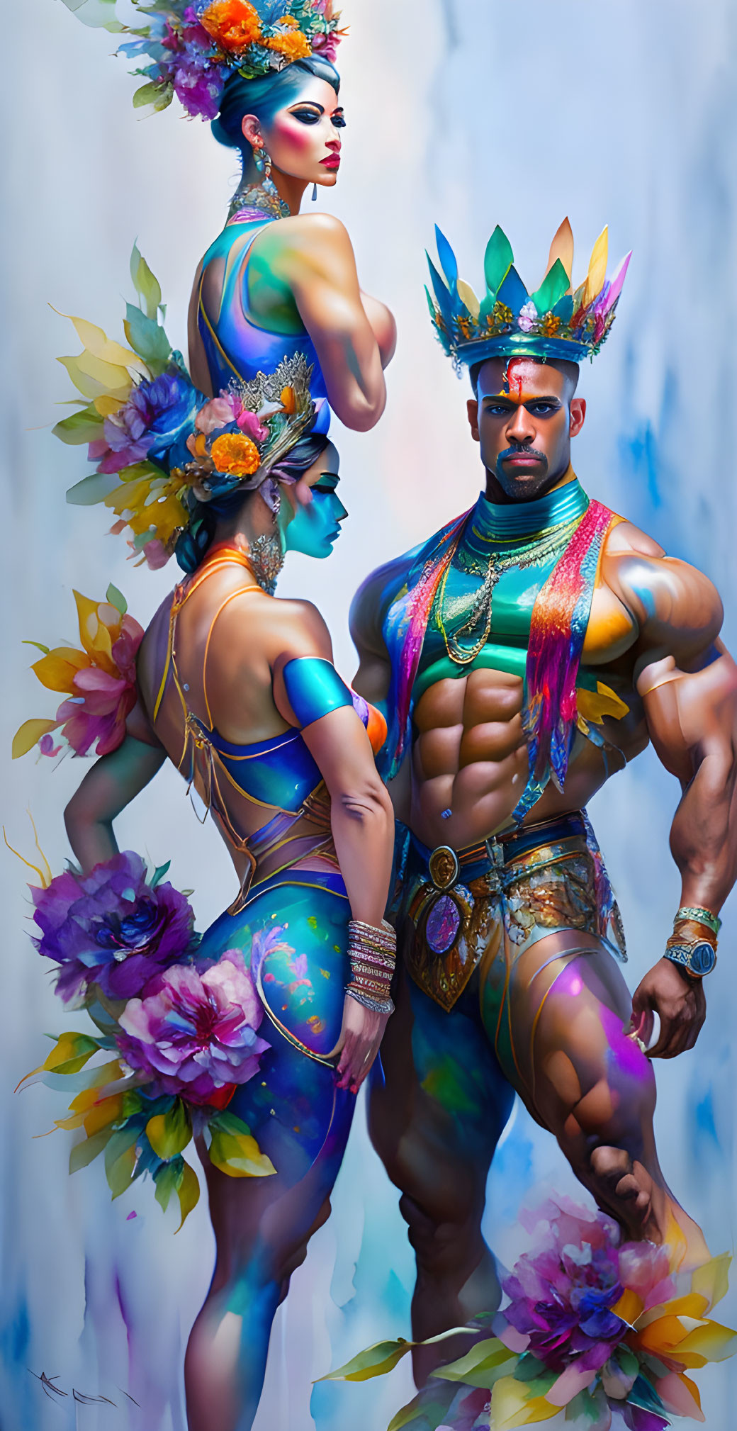 Vibrant body paint and colorful flower-inspired costumes against blue background