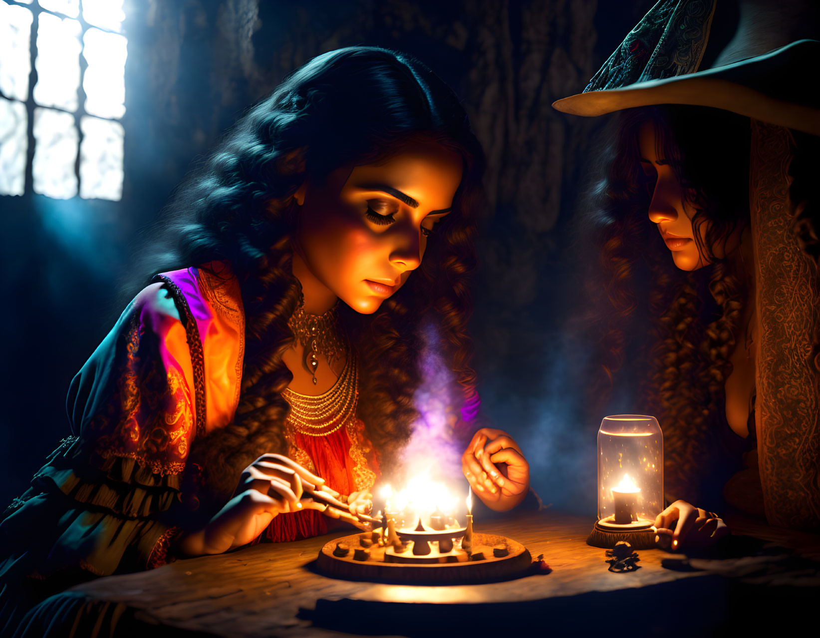 Women in period costumes performing mystical ritual with candles and glowing substance.