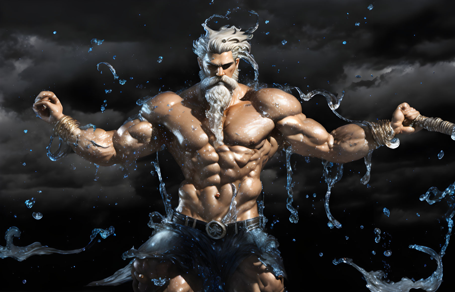 Muscular man with white hair wields axes in stormy setting.