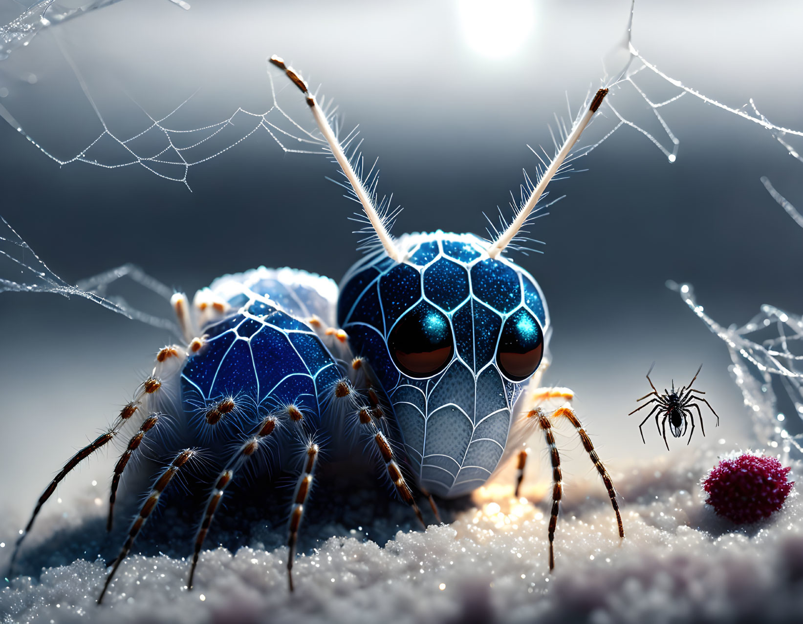 Stylized blue futuristic ant on frosty surface with spider web