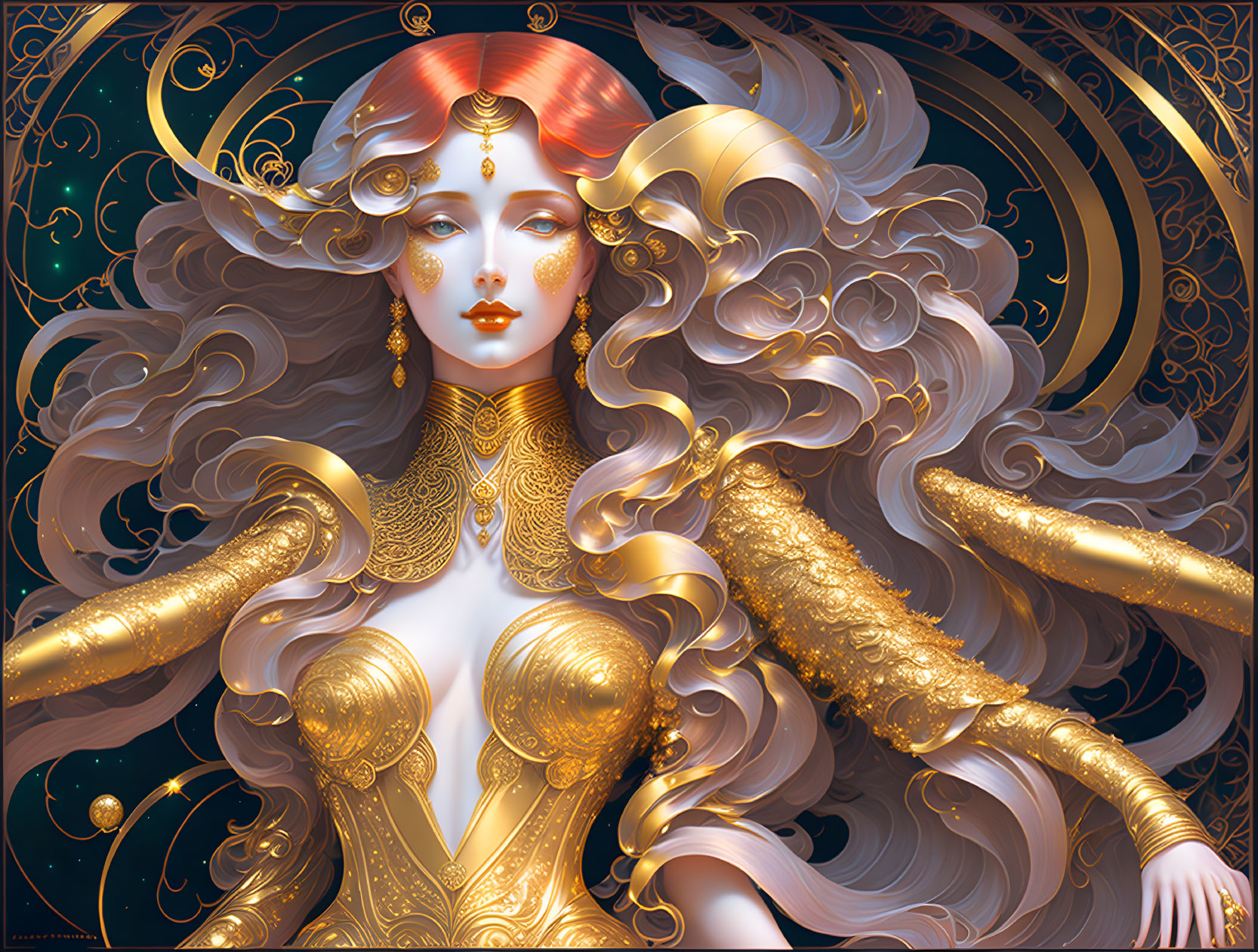 Intricately designed artwork of woman with golden ornaments on celestial background