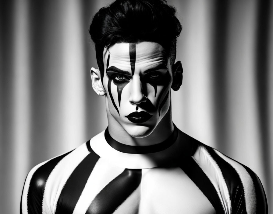 Geometric Monochrome Portrait with Striped Background