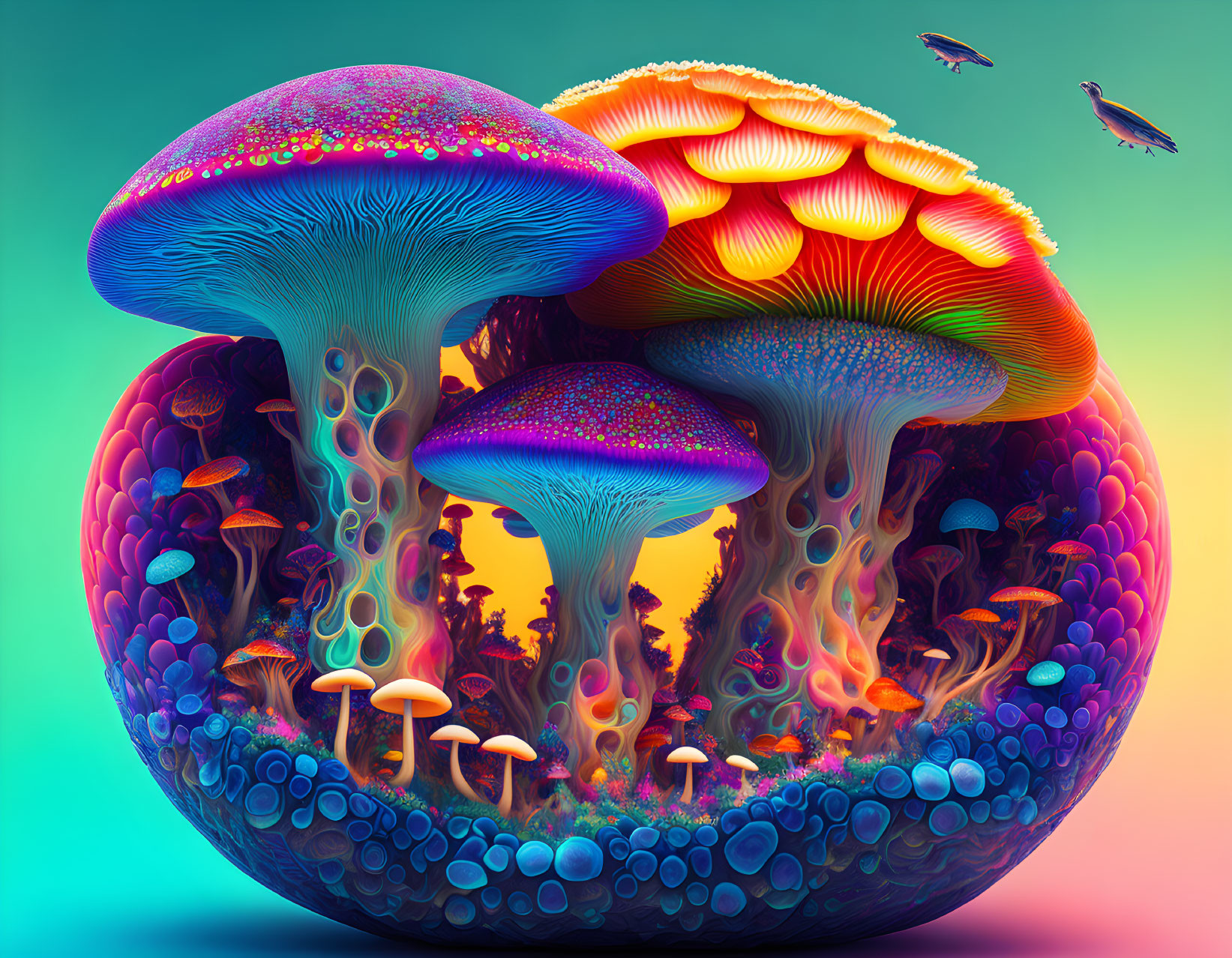 Colorful Surrealistic Mushroom Forest with Floating Fish-like Creatures