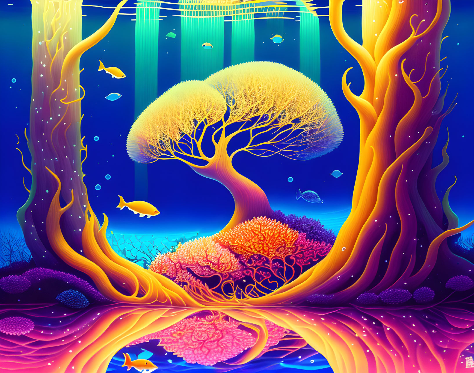 Colorful Underwater Scene with Stylized Tree, Coral, Fish, and Swirling Patterns