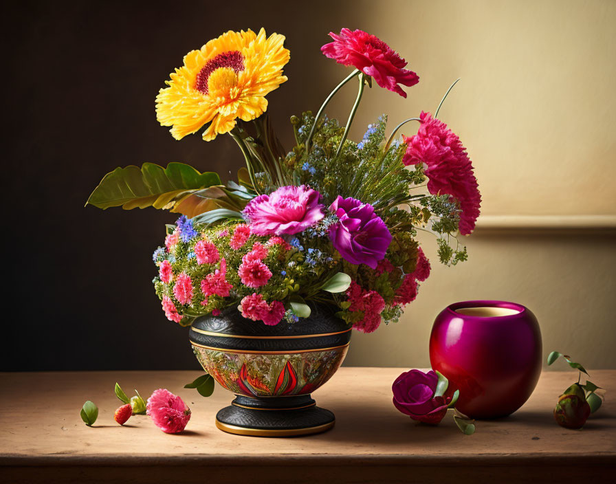 Colorful Floral Arrangement with Fruits on Wooden Surface