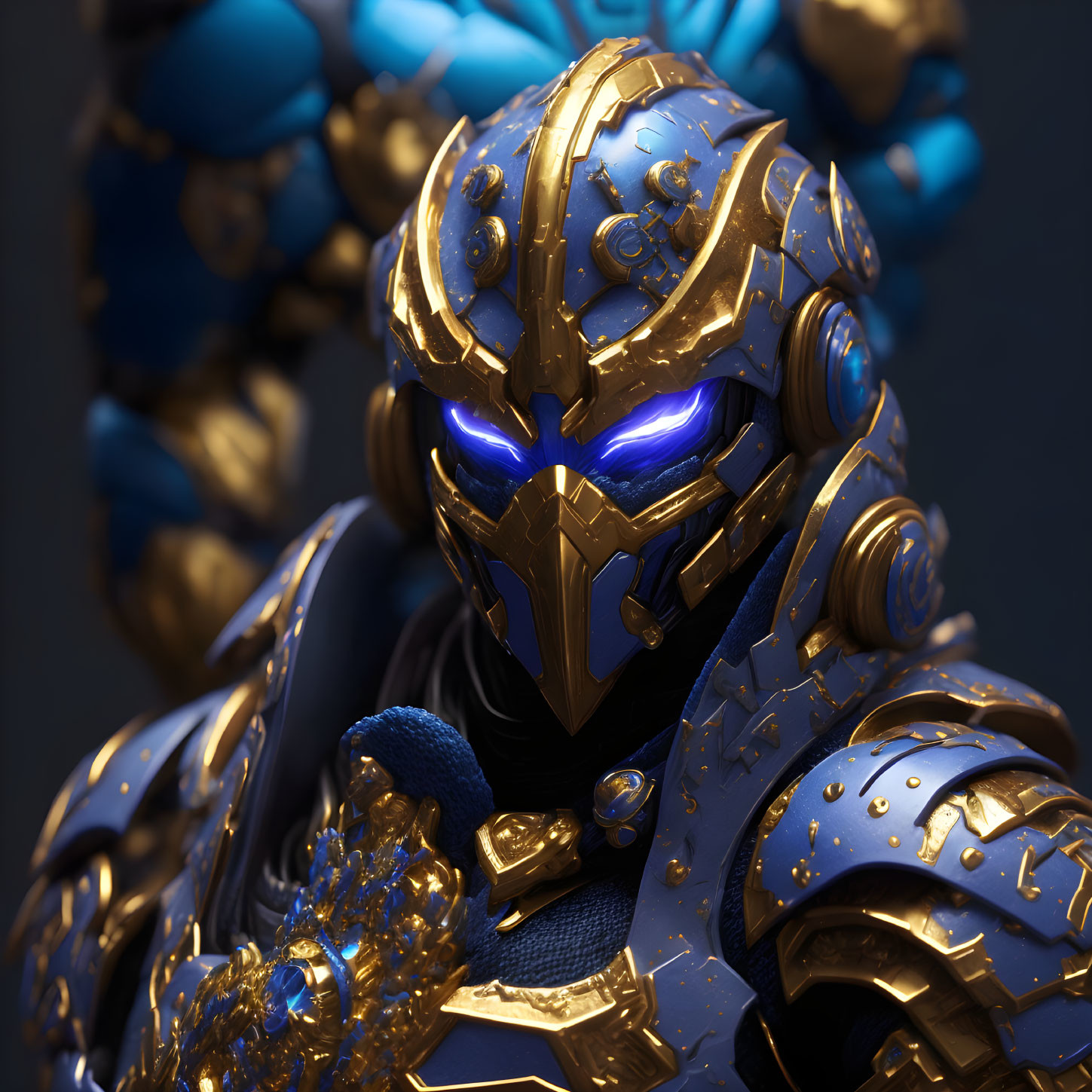 Detailed Close-Up of Character in Ornate Golden and Blue Helmet