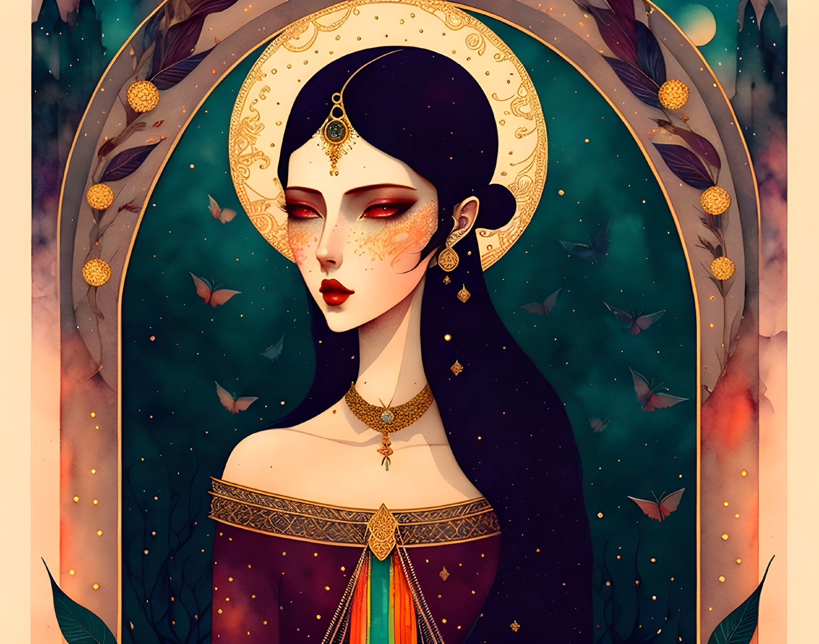 Mystic woman with gold halo, jewels, butterflies, and starry background