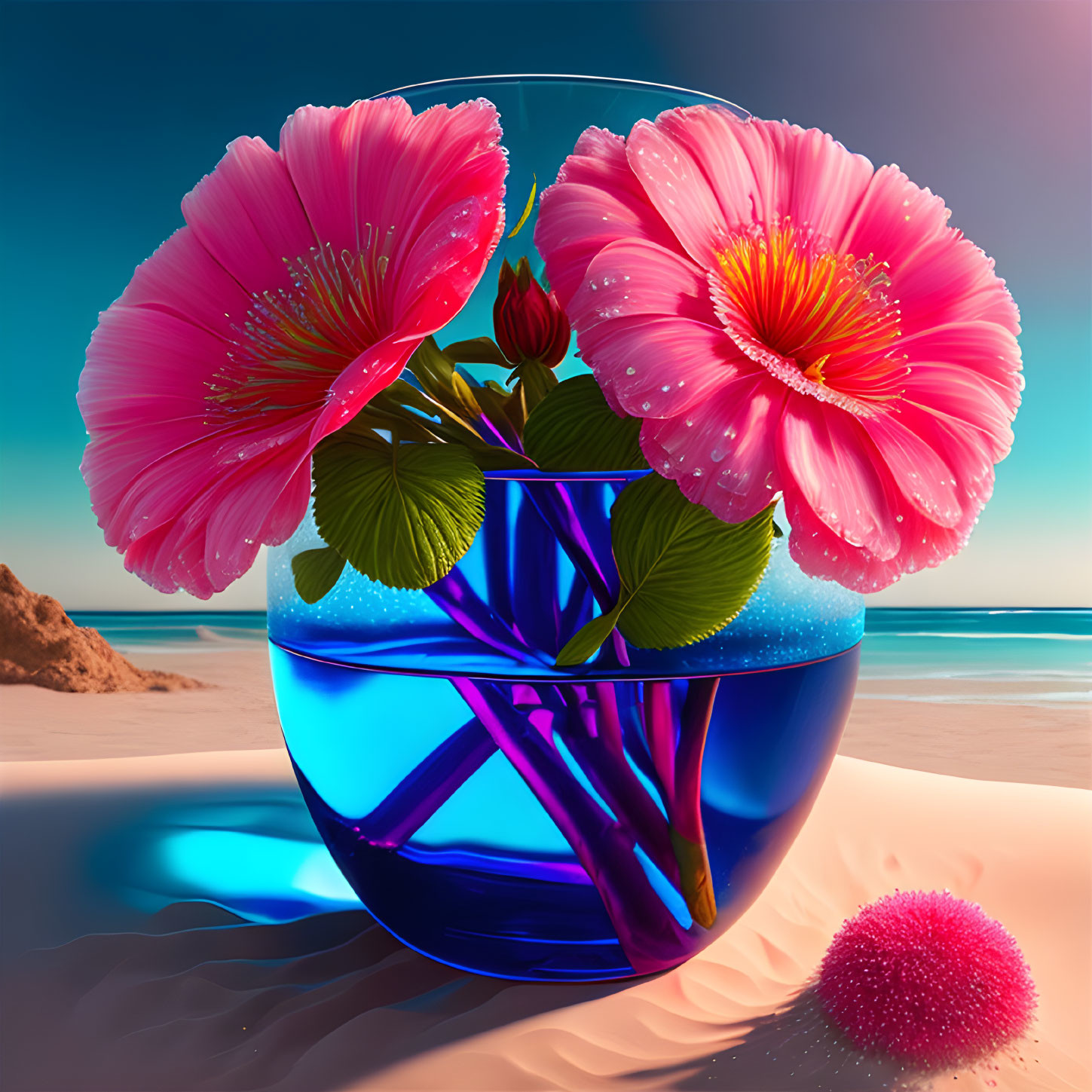 Pink Flowers in Blue Vase on Beach with Sea Urchin-like Object