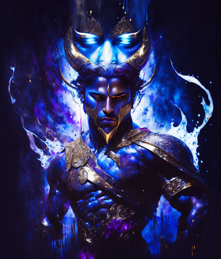 Male Figure with Blue Skin in Cosmic Fantasy Artwork