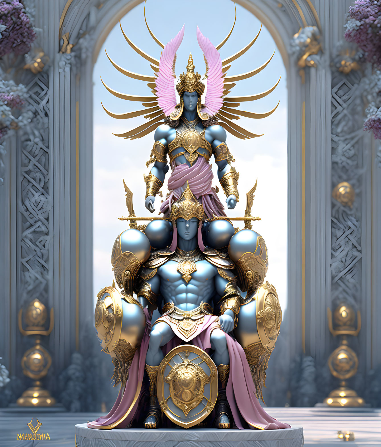 Golden-armored deity in pink headpiece on throne in grand hall