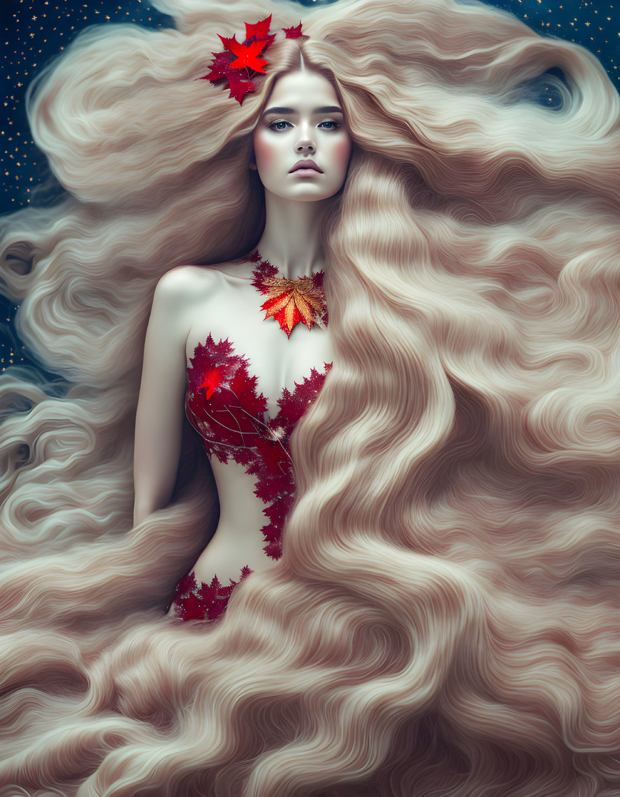 Woman with flowing hair and leaf-adorned body in fantasy autumnal setting