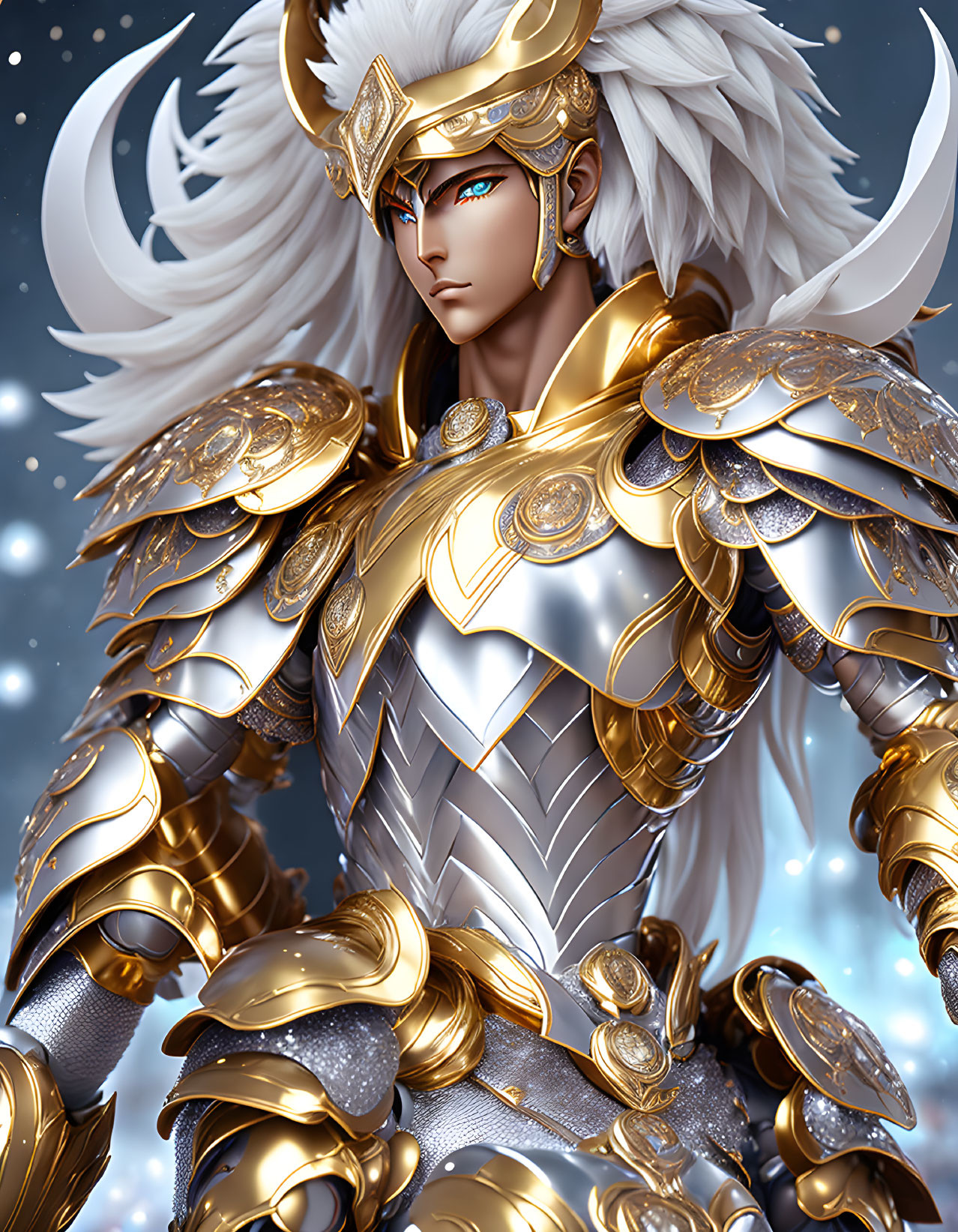 Fantasy character in golden armor with crescent helmet