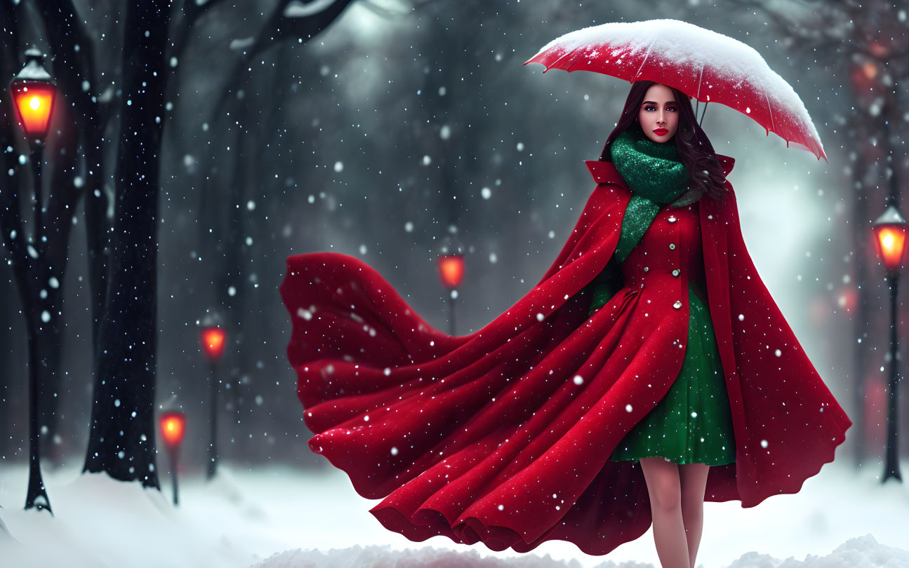 Woman in red cloak with white umbrella in snowy scene with street lamps