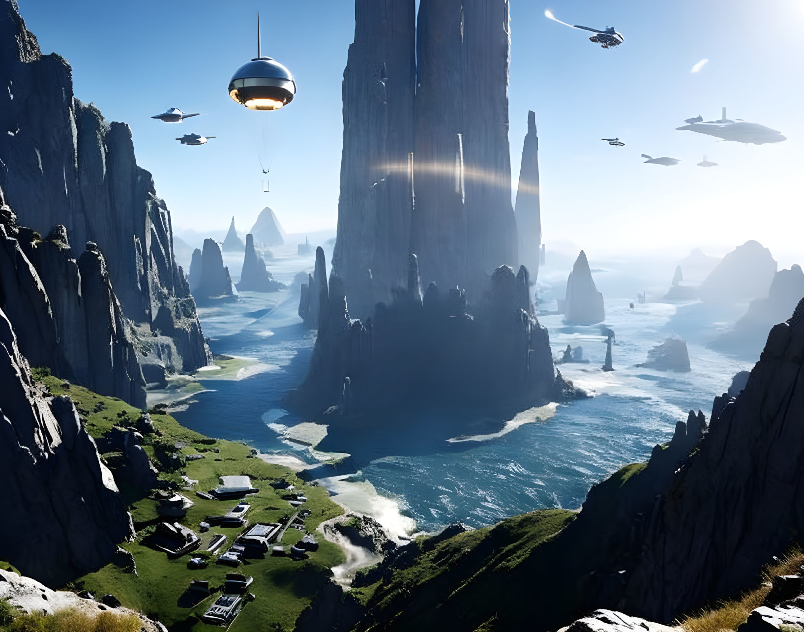 Futuristic coastal landscape with rock formations, settlement, and flying vehicles