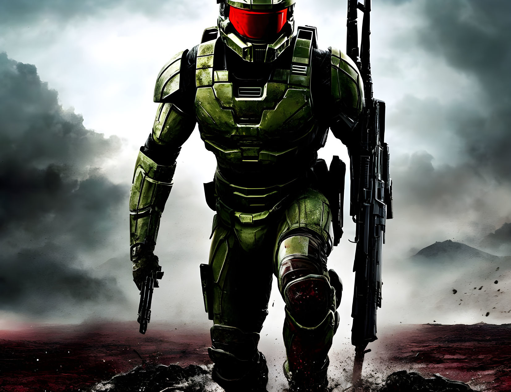 Futuristic soldier in green armor on smoky battlefield