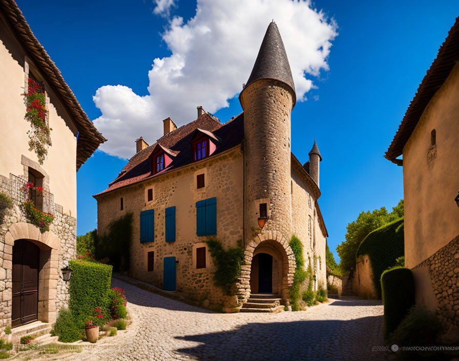 Medieval stone building with cone-shaped turret and vibrant blue shutters