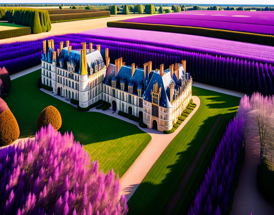 Chateau surrounded by lavender fields at sunset