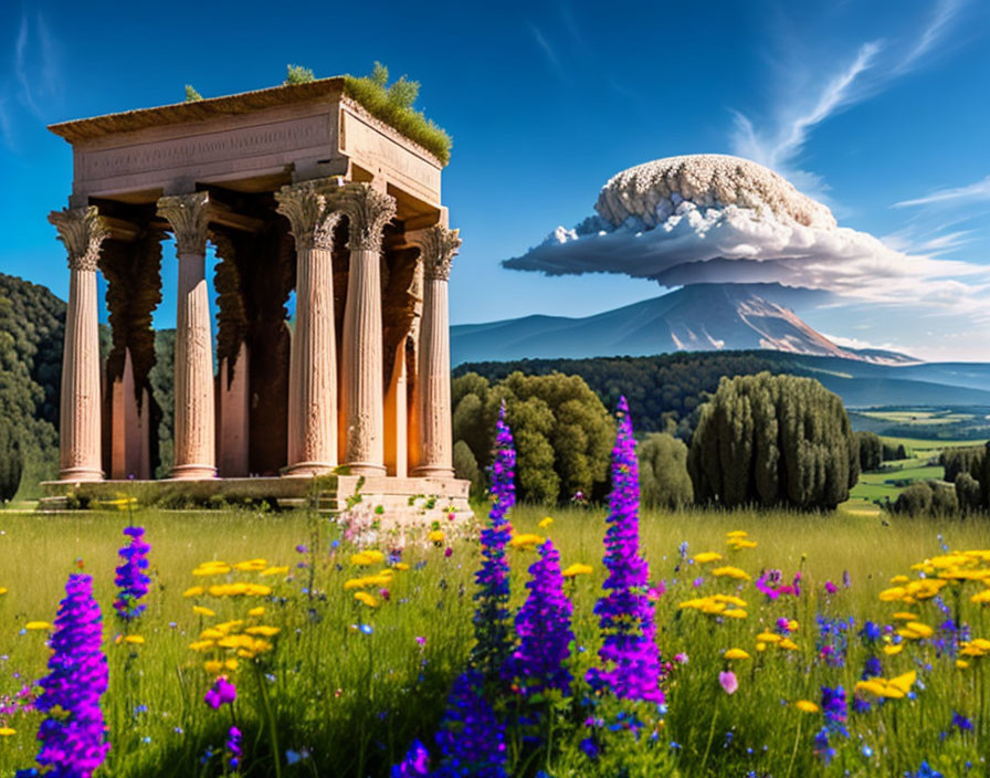 Ancient ruins with columns in vibrant meadow, volcano erupting in background.