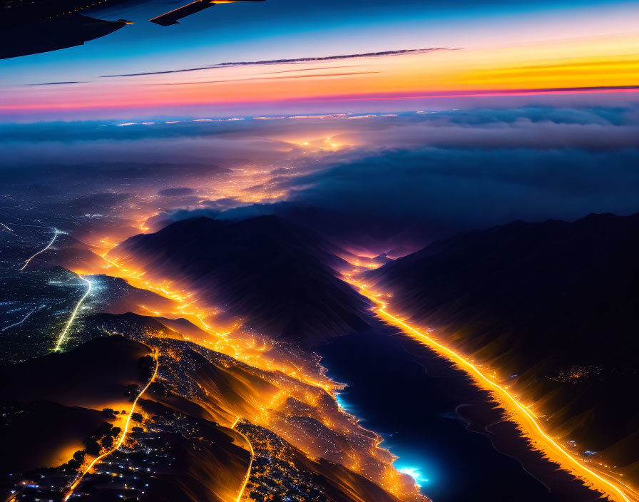 Cityscape at Twilight: Streets Lit Up Against Mountain Range