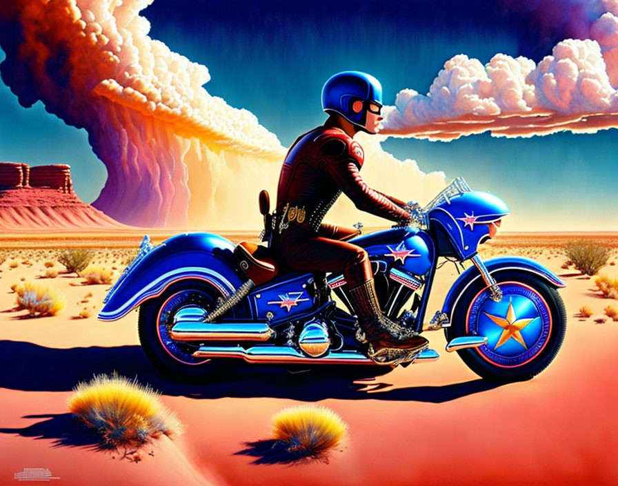 Stylized retro motorcycle illustration in desert landscape