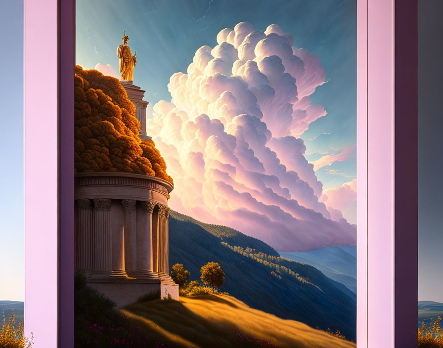 Classical column statue with orange-tinged clouds over lush valley view