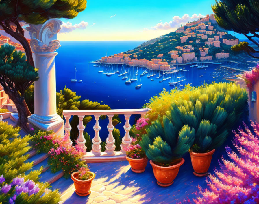 Vibrant seaside terrace with blooming flowers, overhanging trees, coastal town, and boats