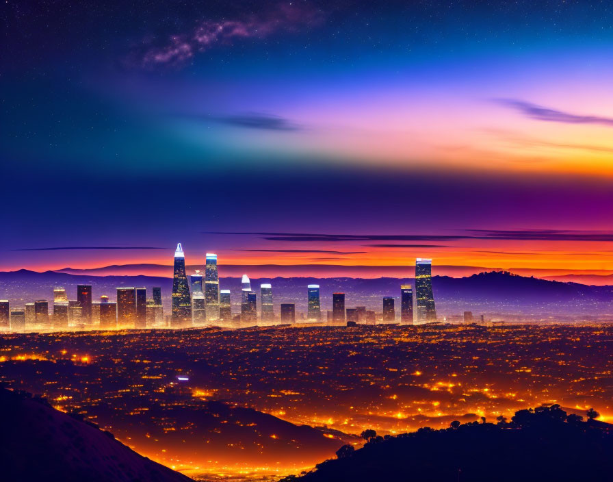 City skyline at night with illuminated buildings under gradient sunset to starry night sky