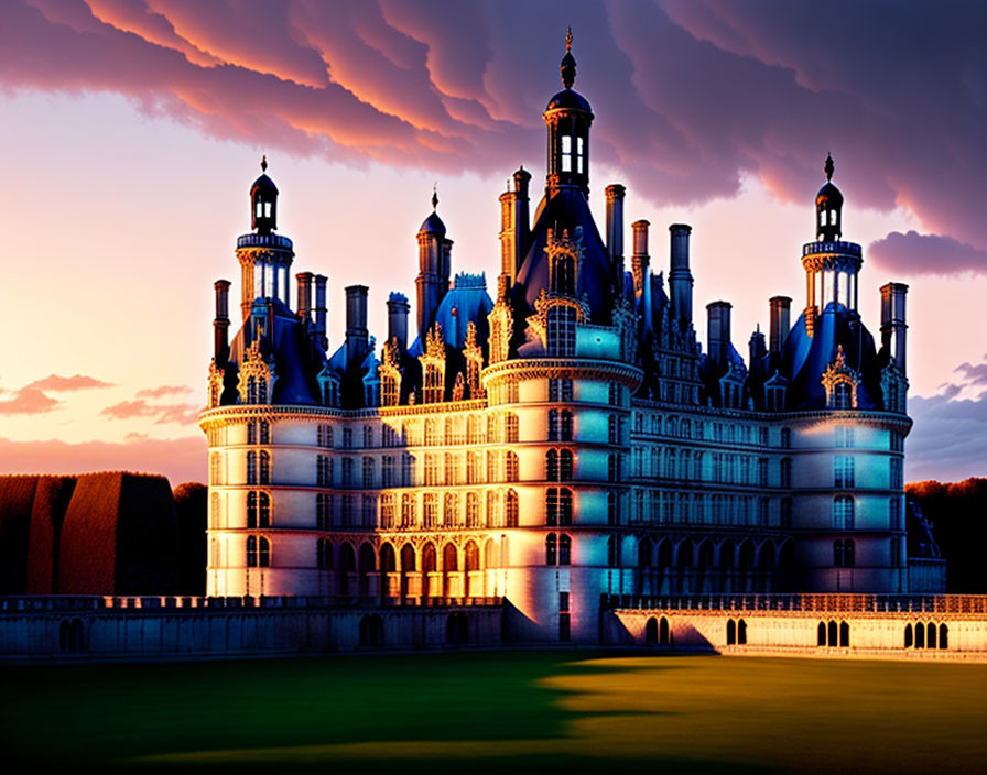 Intricate Renaissance Château Illuminated at Dusk