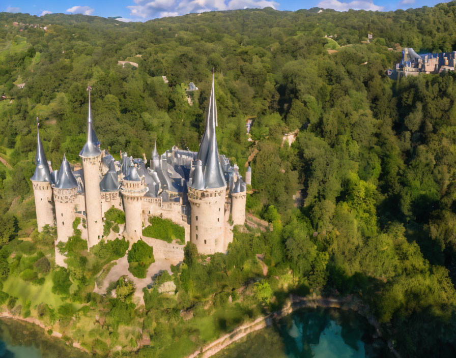 Majestic fairy-tale castle with towering spires and lush greenery