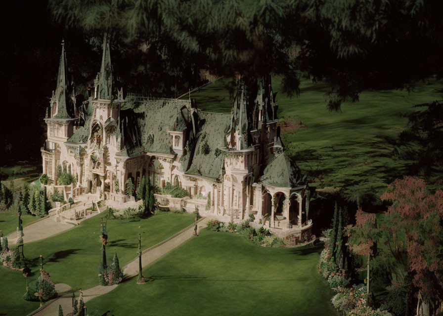 Miniature fairy-tale castle with manicured surroundings