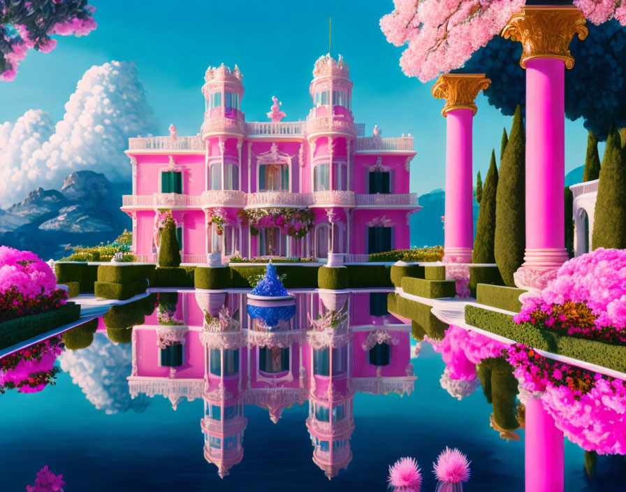 Pink Classical Mansion with Turrets Reflected in Tranquil Pool